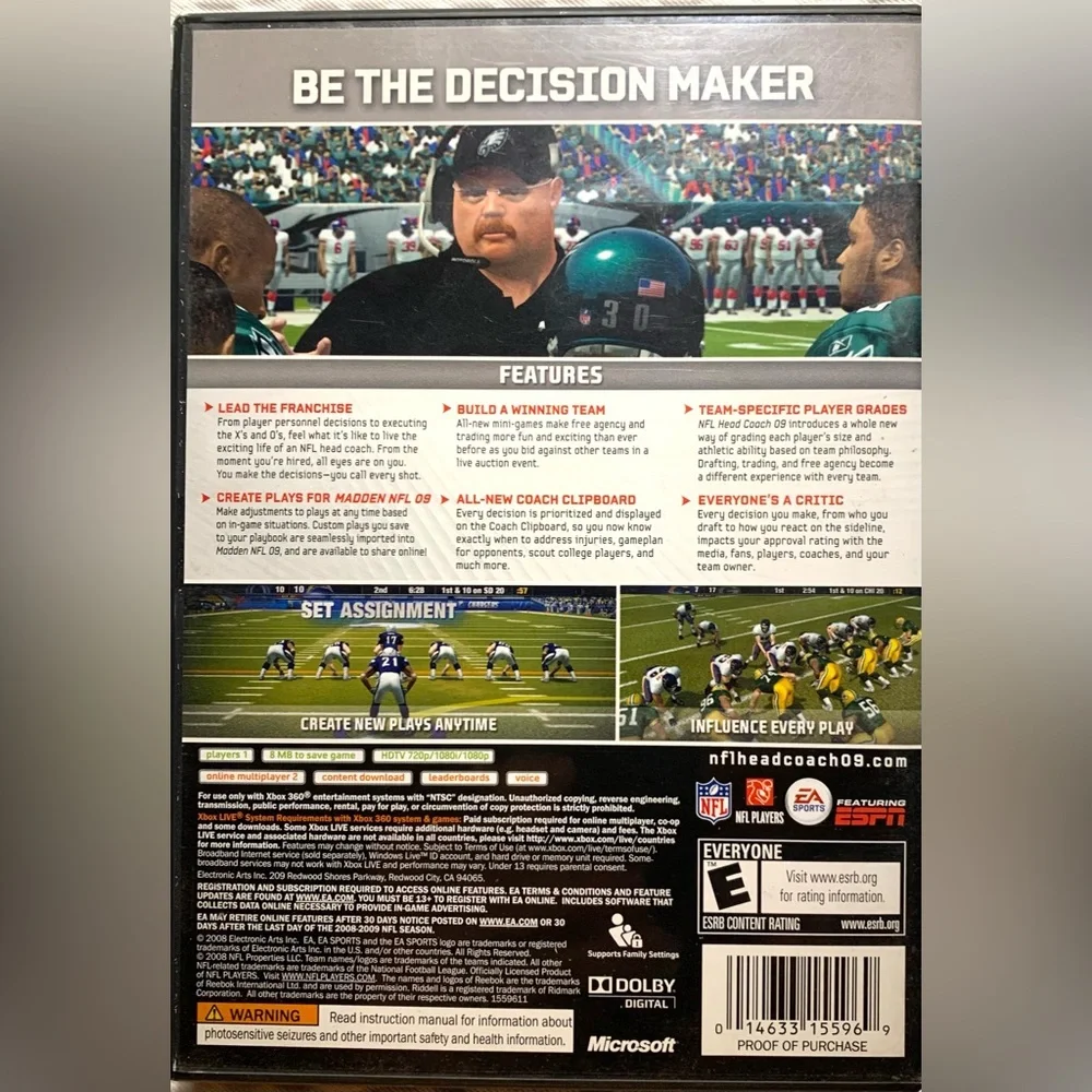 Head Coach 09 Xbox 360 2008 NFL EA Games COMPLETE WITH MANUAL NICE DISC